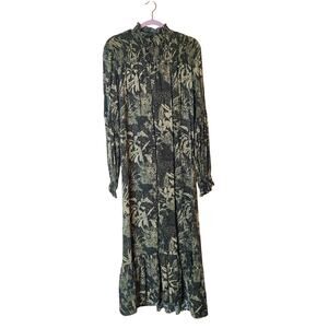 Roma Label Ruffle Mock Neck Long Sleeve Midi Dress Dark Forest Jungle Medium